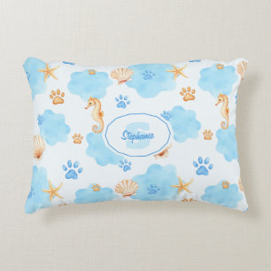 Ocean-Inspired Paw Print Pattern with Seahorses Accent Pillow