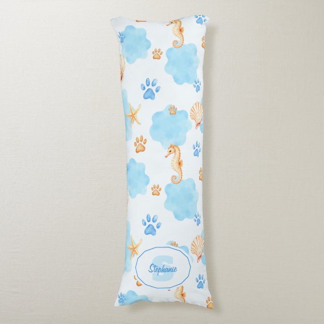 Ocean-Inspired Paw Print Pattern with Seahorses Body Pillow (Front Vertical)
