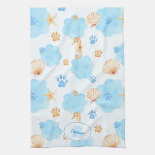 Ocean-Inspired Paw Print Pattern with Seahorses Kitchen Towel