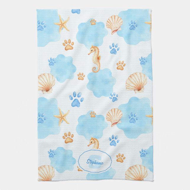 Ocean-Inspired Paw Print Pattern with Seahorses Kitchen Towel (Vertical)