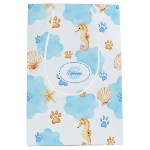 Ocean-Inspired Paw Print Pattern with Seahorses Medium Gift Bag