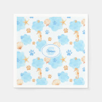 Ocean-Inspired Paw Print Pattern with Seahorses
