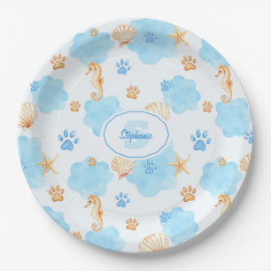 Ocean-Inspired Paw Print Pattern with Seahorses Paper Plate