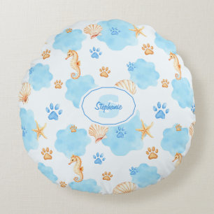 Ocean-Inspired Paw Print Pattern with Seahorses Round Pillow