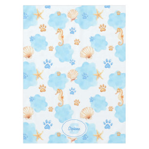 Ocean-Inspired Paw Print Pattern with Seahorses Tablecloth
