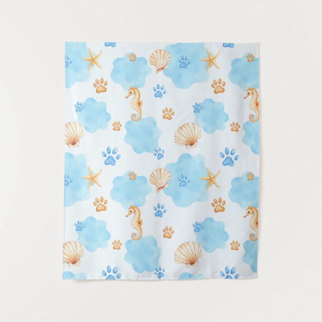 Ocean-Inspired Paw Print Pattern with Seahorses Tapestry (Front)