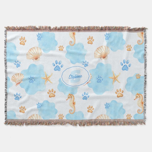 Ocean-Inspired Paw Print Pattern with Seahorses Throw Blanket (Front)