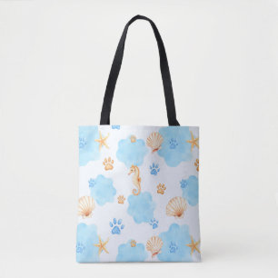 Ocean-Inspired Paw Print Pattern with Seahorses Tote Bag