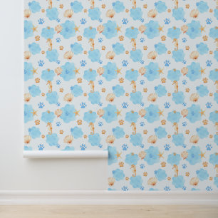 Ocean-Inspired Paw Print Pattern with Seahorses Wallpaper