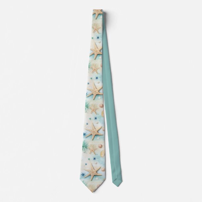 Ocean-Inspired Starfish & Seashells Beach Theme Tie (Front)