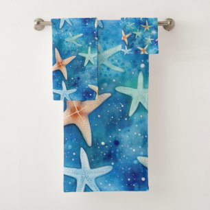 Ocean-Inspired Starfish & Seashells Blue Coastal Bath Towel Set
