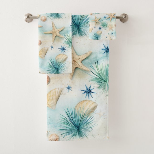 Ocean-Inspired Starfish & Seashells Coastal Decor Bath Towel Set (Insitu)