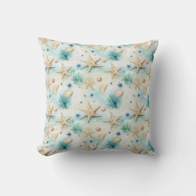Ocean-Inspired Starfish & Seashells Coastal Decor Throw Pillow (Front)