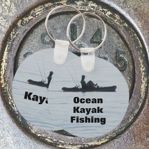 Ocean Kayak Fishing Black Silhouette Kayaking Blue Keychain