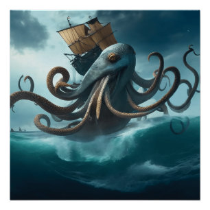 ocean Kraken giant squid attack Sailing ship  Poster