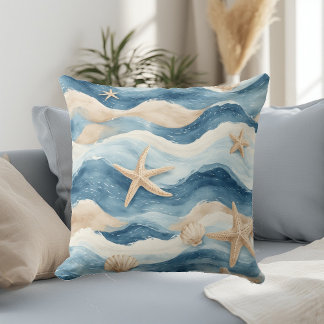 Ocean Life Coastal Tides Beach House Sea Mute Blue Throw Pillow