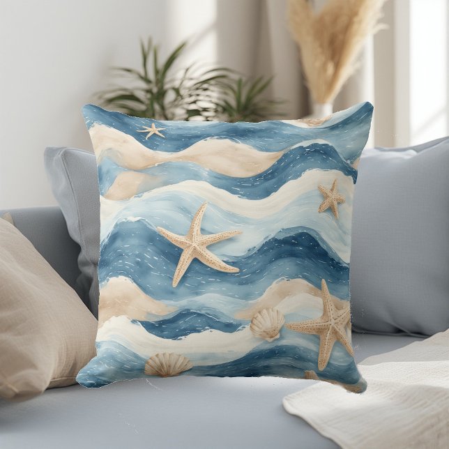 Ocean Life Coastal Tides Beach House Sea Mute Blue Throw Pillow (Ocean Life Coastal Tides Beach House Sea Mute Blue Throw Pillow)