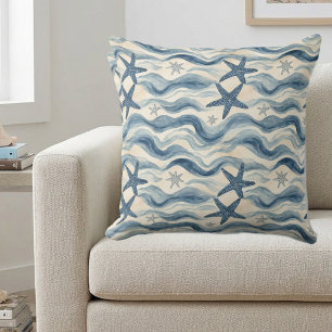 Ocean Life Coastal Tides Beach House Starfish Blue Throw Pillow