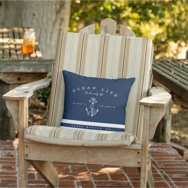 Ocean Life Nautical Navy & White Stripe Anchor Outdoor Pillow (Chair)