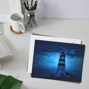 Ocean lighthouse a dark blue night with raindrops postcard