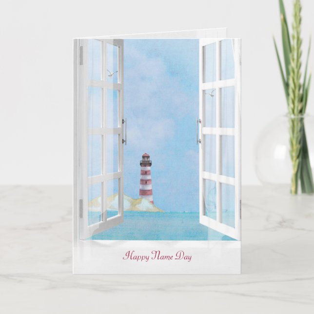 Ocean Lighthouse in window watercolor Name Day Card (Front)