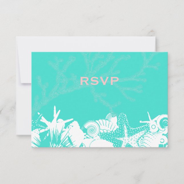 Ocean Love Teal Artsy Seashells Beach Wedding RSVP (Front)