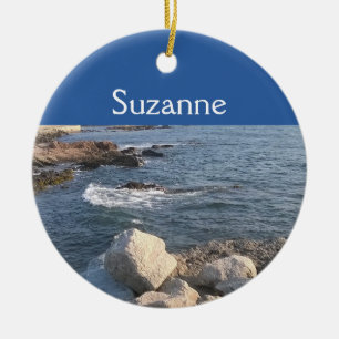 Ocean Lovers Blue Sea and Rocks Add Name Christmas Ceramic Ornament