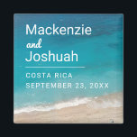 Ocean Magnet Beach Wedding Favor or Keepsake<br><div class="desc">Ocean magnet for a couple's beach destination wedding featuring their name, wedding date, and location with a deep turquoise blue tropical sea wave coming on shore to a soft sandy beach. These sturdy magnets are great to include with save the date cards, or used as a favor or keepsake for...</div>