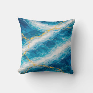 Ocean Marble with White Swirls and Gold Veining Throw Pillow