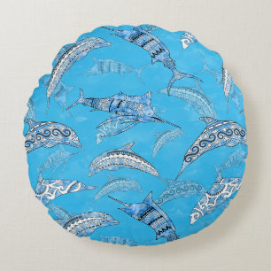 Ocean Marine Animals Dolphins Marlins Round Pillow