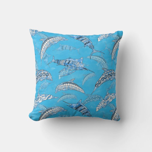 Ocean Marine Animals Dolphins Marlins Throw Pillow (Front)