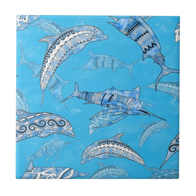 Ocean Marine Animals Dolphins Marlins Tile (Front)