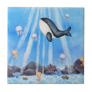 Ocean Marine Life Whale, Jellyfish and Coral  Tile