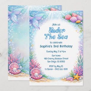 Ocean Mermaid Girls Under the Sea Third Birthday  Invitation
