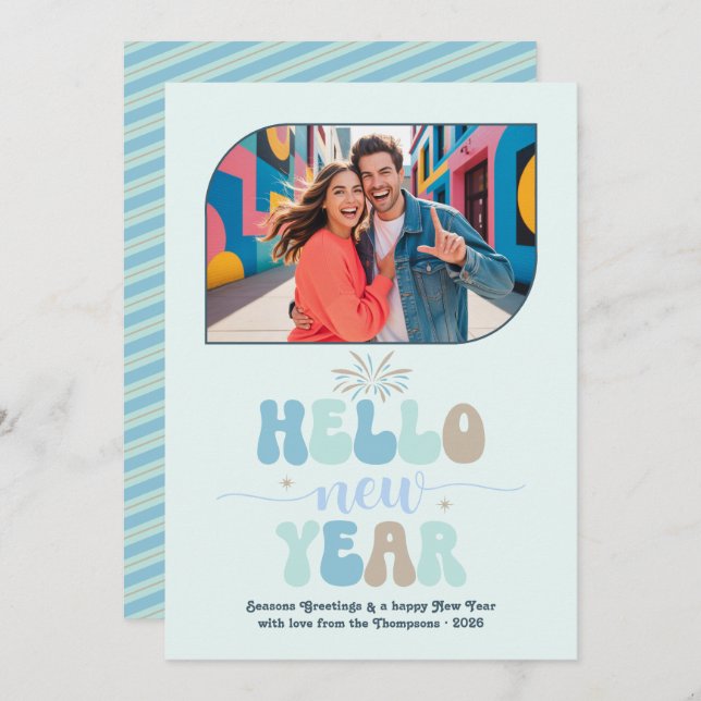 Ocean Mist Hello New Year Blue Retro Photo Holiday Card (Front/Back)