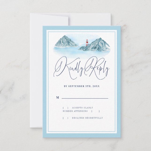 Ocean Mountain Lighthouse Light Blue Wedding RSVP Card (Front)