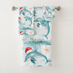 Ocean Nautical Christmas Santa Dolphin Pattern Bath Towel Set