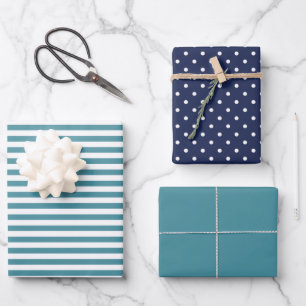 Ocean Navy Blue & Dark Cyan Stripe Polka Dot Plain Wrapping Paper Sheet