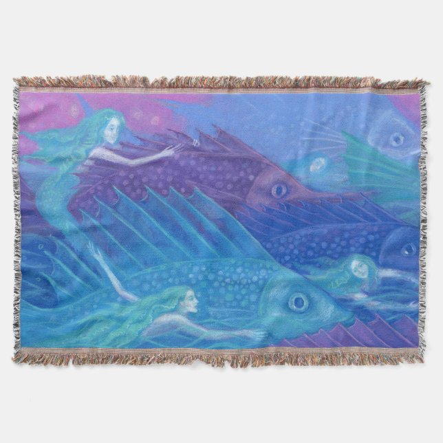 Ocean Nomads, Nautical Fantasy Art Mermaids & Fish Throw Blanket (Front)