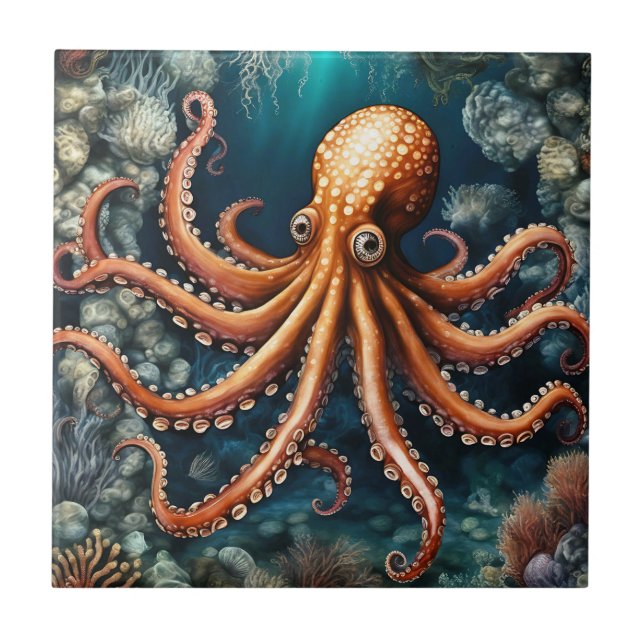 Ocean Octopus Deep Blue Tile (Front)