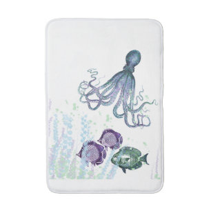 Ocean Octopus Indigo Blue Mauve Green Underwater Bath Mat