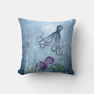 Ocean Octopus Indigo Blue Mauve Green Underwater T Throw Pillow