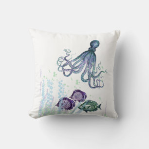Ocean Octopus Indigo Blue Mauve Green Underwater Throw Pillow