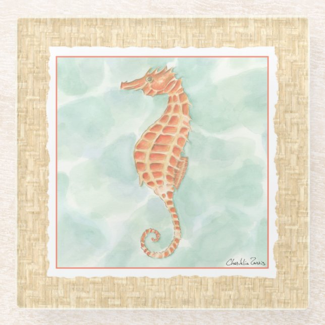 Ocean Orange Seahorse Glass Coaster (Front)