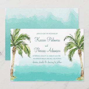 Ocean Palms Watercolor Beach Wedding Invitation