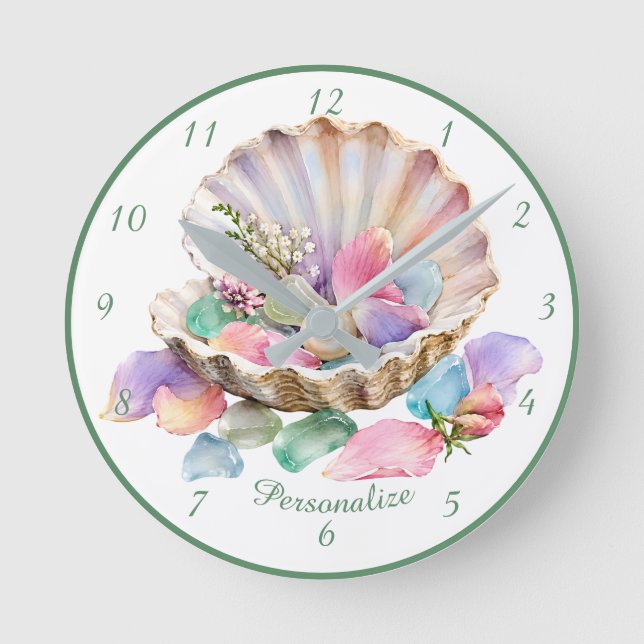 Ocean Pearl Blossom Pastel Shell Petal Design Round Clock (Front)