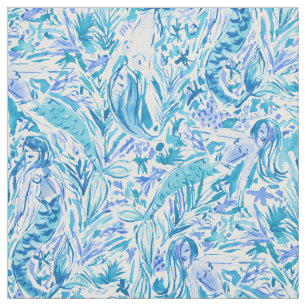 OCEAN PLAY Aqua Coastal Mermaid Print Fabric