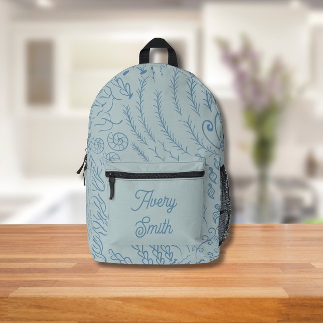 Ocean Print Backpack – Hand-Drawn Waves & Coral  (Blue Ocean Scene Backpack
)