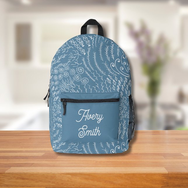 Ocean Print Backpack – Hand-Drawn Waves & Coral  (Blue and White Ocean Scene Backpack
)