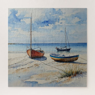 "Ocean Retreat". A Colourful Serene Boat Seascape Jigsaw Puzzle